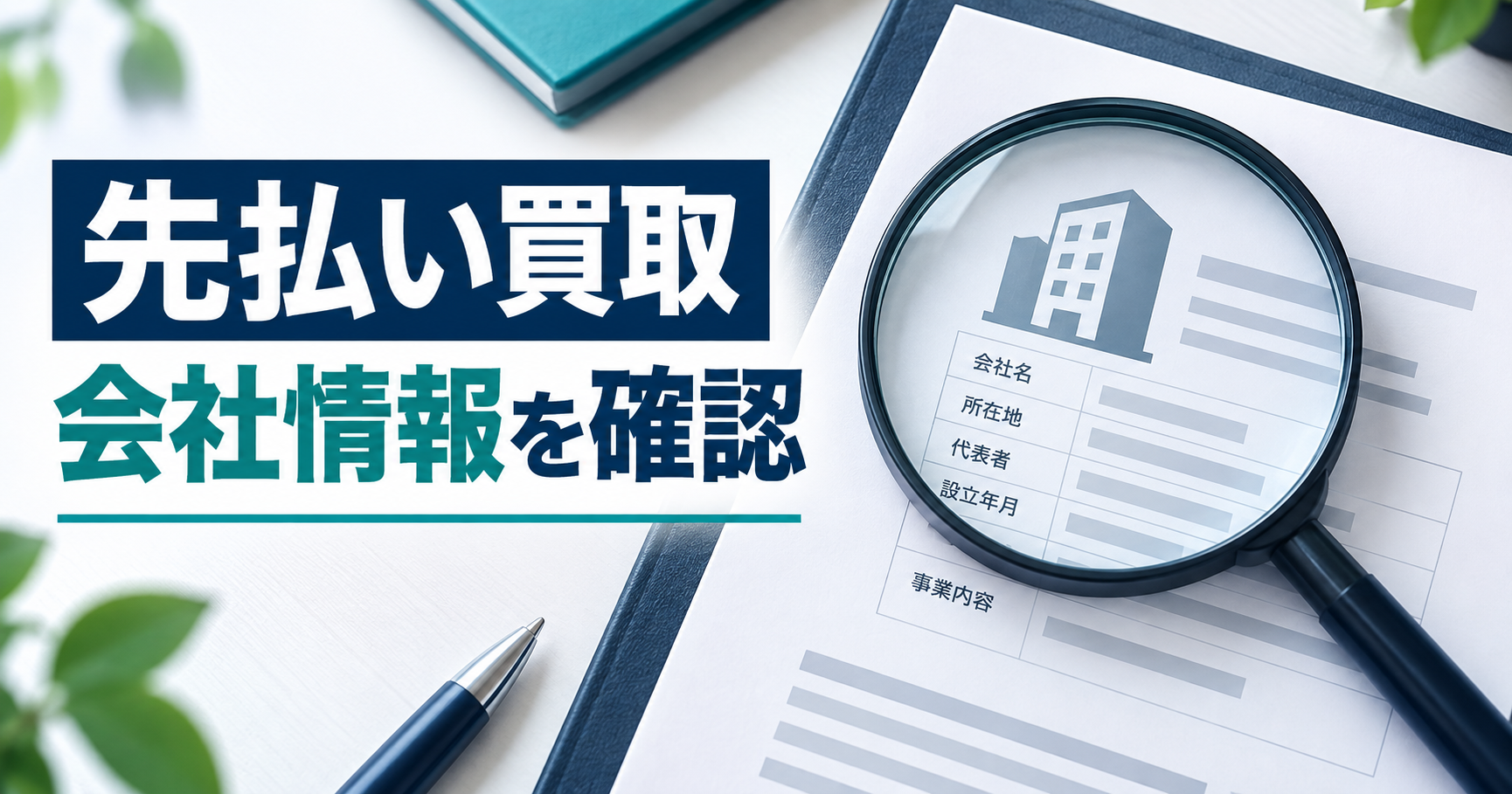 先払い買取の会社情報を確認する書類と虫眼鏡